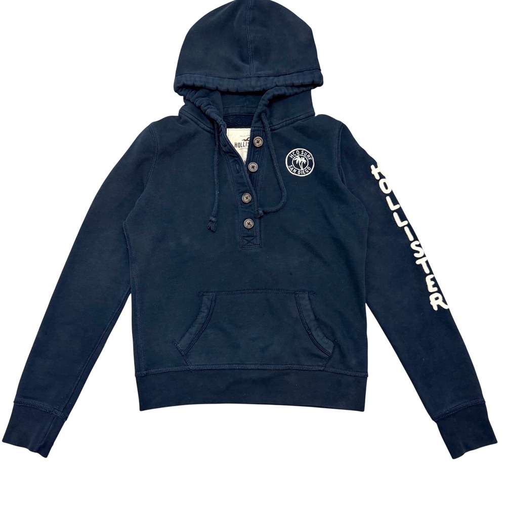 Vintage Y2K Hollister Henley Hoodie Graphic Sleeve Distressed Surf Coastal Sz M